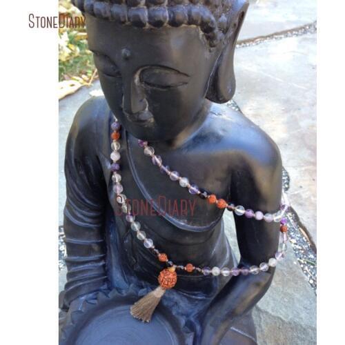 Healing Purple Flourite Rudraksha Long Layering Yoga Meditation Jewelry Hand Knotted 108 Beads Tassel Mala Necklace NM11064