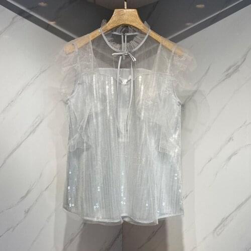 Summer new 2021 sweet temperament lace up bowknot sleeveless Sequin knitted Chiffon Top ecrbbs39