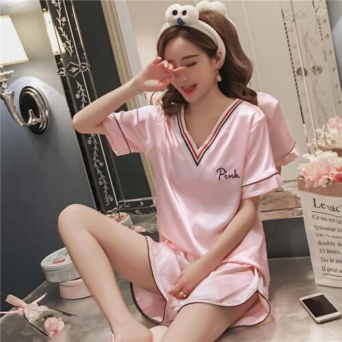 Summer girls pajamas v-collar Korean embroidered letter pullover shorts silk home clothing suit