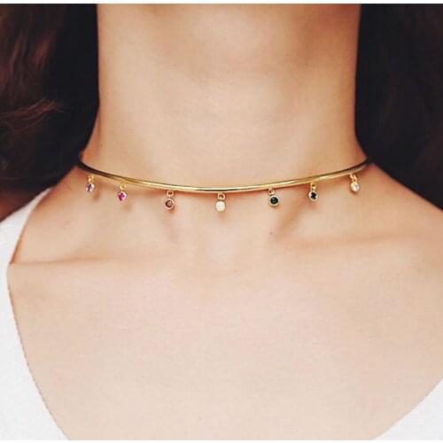 2021 Top Sale Gold Color Rainbow Colorful Cz Drop Torques Collar Necklace For Charm Women European Fashion Open Choker Jewelry
