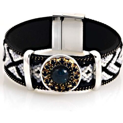 Handmade Briaded Colorful Strap Synthetic Leather With Crystal Natural Stone Slide Charm Magnetic Bracelet B1010