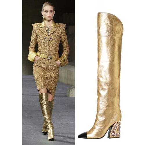 Fashion Egypt style gold woman over knee high boot black pointed toe pearls beading chunky heel Egypt style woman over knee boot