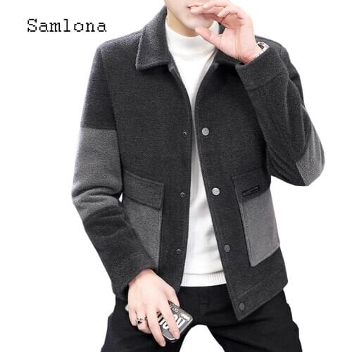 Samlona Mens Patchwork Jacket Autumn Wool Coats Single Breasted Fashion 2020 Men Clothing Blends Japanese Style Winter Outerwear