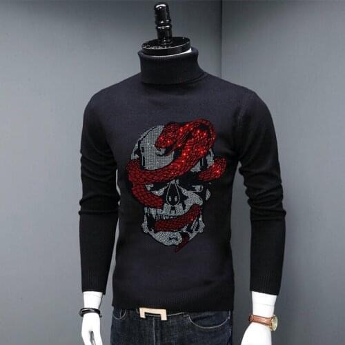 Mens Turtleneck Sweater Comfortable Customization Rhinestone Knit Pullover Warm All-Match WOOL Fashion Slim Knitwear Winter