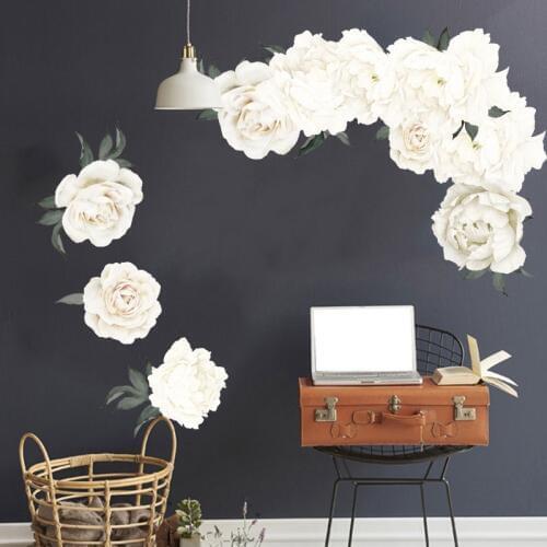 Peony Rose Flowers Wall Stickers White Vintage Wallpaper For Bedroom Living Room Decals Mural Home Decor Kid Girls Gift