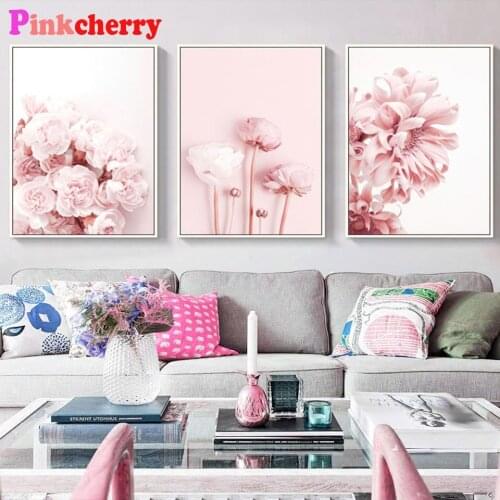 Modern Pink Flowers Diamond embroidery cross stitch Mosaic Modern Diamond painting Triptych Wall Pictures for Living Room