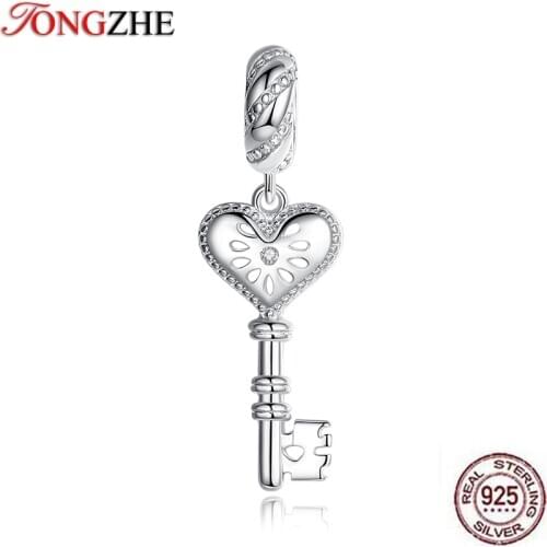 TONGZHE 925 Sterling Silver Christmas Charms for Jewelry Making Heart Key Shape Fit Original Bracelet Necklace Women