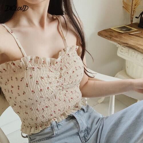 2020 Summer Sexy Floral Printed Crop Top Pleated Camisole Women Ruffled Slim Korean Vest Woman Backless Sweet Suspenders Womens