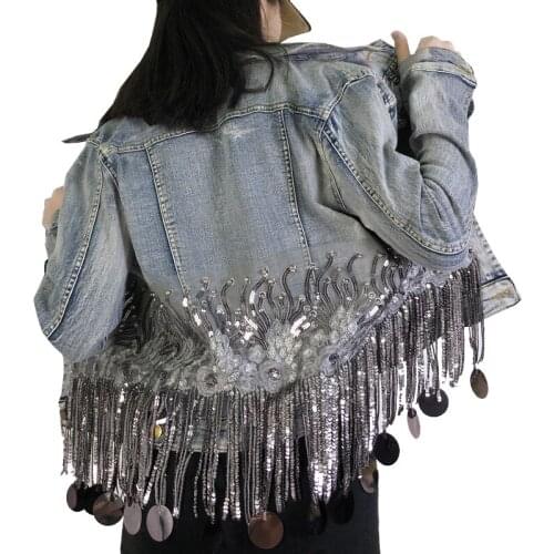 Beaded Sequins Fringed Denim Jackets Female Short Outerwear 2021 New Spring Autumn Cowboy Jacket Women Fashion Slim Vintage Tops