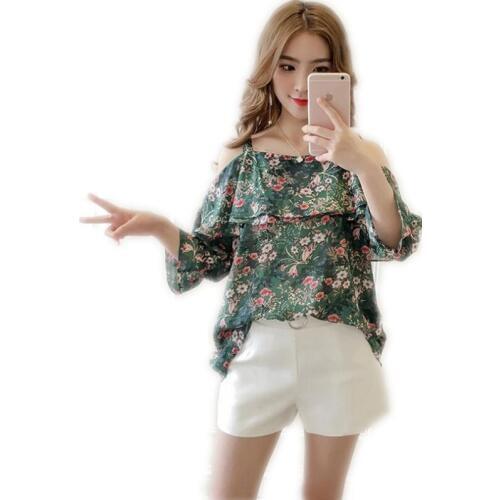 Fashion Sweet Floral Women Summer Chiffon Blouses 2018 Puff Sleeve Three Quarter Women Off-Shoulder Blouses Sexy Slash Neck Q189