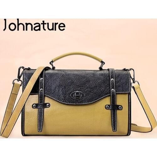Johnature Retro Genuine Leather Women Bag 2021 New Large Capacity Messenger Bag Leisure First Layer Cowhide Lady Shoulder Bags