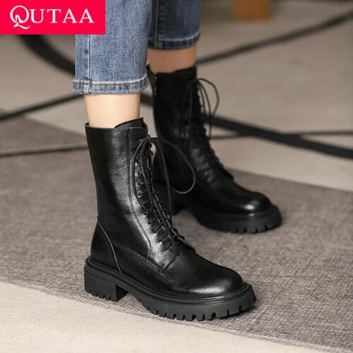 QUTAA 2022 Soft Genuine Leather Ankle Boots Autumn Winter Lace Up Zipper Women Shoes Casual Round Toe Short Boots Big Size 34-41