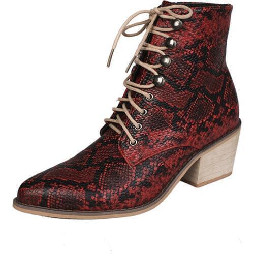 CUZULLAA Women Autumn Sexy Serpentine Lace-Up Ankle Boots Mid Heel Shoes Lady Fashion Boots Female Booties Plus Size 35-43