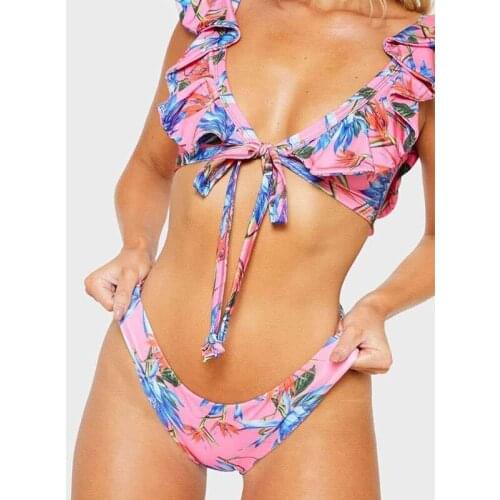 Floral Print Swimsuit Women Ruffle Bikini Set Bathing Suit Women Biquini Sexy String Bikinis 2021 Swimwear Deep V Neck Swimsuits