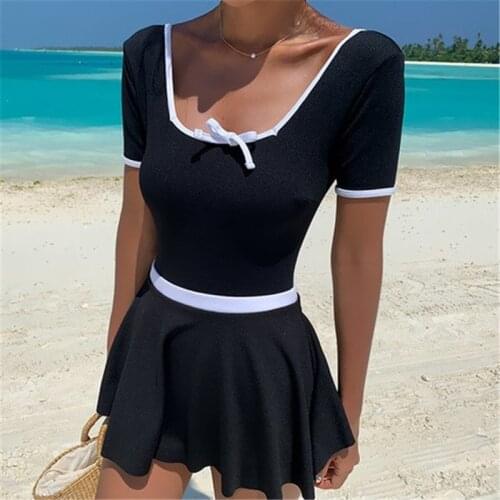Japanese and Korean one-piece swimsuit women French retro square collar little black dress half sleeve hot spring swimsuit