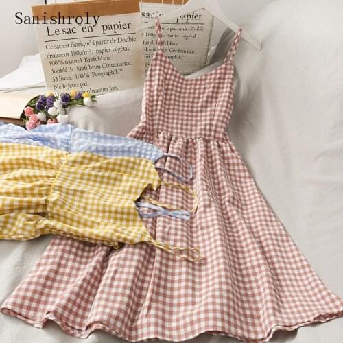 Sanishroly Women High Waist Backless Plaid Dress Sweet V-Neck Spaghetti Strap Dresses Lady A-Line Sleeveless Long Vestidos CD147