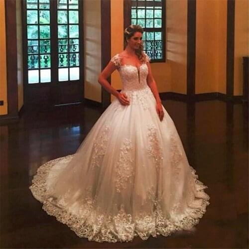 Vestidos de novia Short Sleeve Applqiue Lace Wedding Dress Backless Chapel Train Lace Ball Gown Appliques Floor-Length Bridal Go