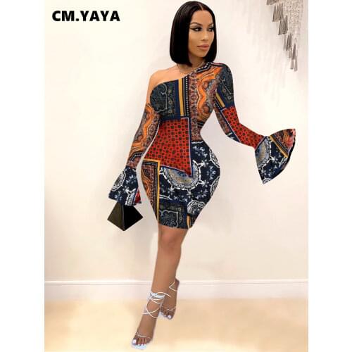 CM.YAYA Women Bandanna Paisley Print One Shoulder Flare Sleeve Bodycon Midi Dress Sexy Club Party Pencil Mini Dresses 2021 New