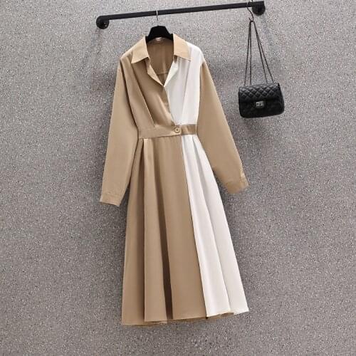 High-end light luxury autumn retro hit color lapel waist was thin temperament long-sleeved shirt female long dress Vestidos chic
