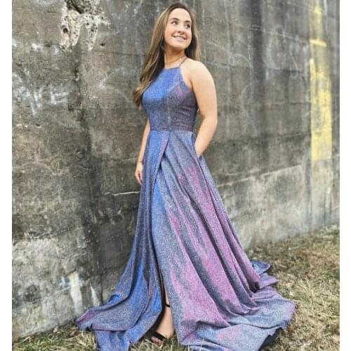 Elegant Halter Long Glitter Mermaid Evening Dresses with Pockets Criss Cross Back Slit Abendkleider Robes de Soirée for Women