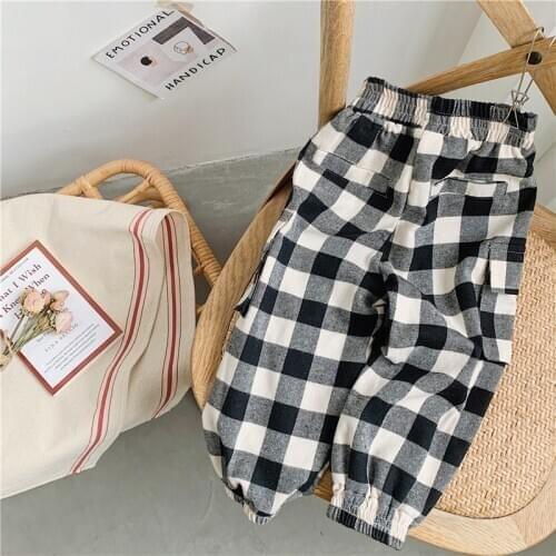 2021 Korean Spring New Baby Boys and Girls Korean Style Black and White Plaid Pants Casual Sport Pants Childrens Trousers 2-8Y