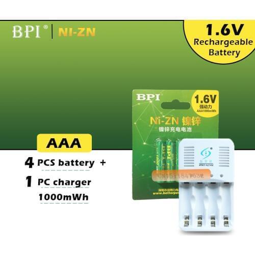 4Pcs NiZn Ni-Zn 1.6V AAA 1000mWh Rechargeable Battery + NiZn smart Charger