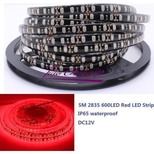 5M 2835 SMD 600Leds Red Flexible LED Strip DC12V Black PCB IP65 waterproof