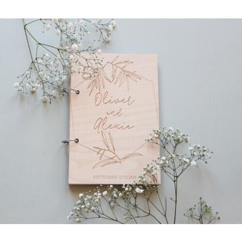 A4 Engraved Botanical Guest Book Wedding Personalized Minimal Guestbook Custom Couple Name and Date Wooden Rustic Guestbook