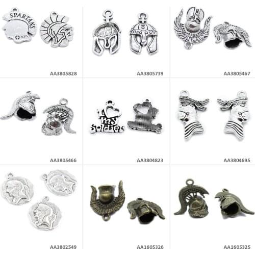 Antique Bronze Silver Plated Jewelry Making Charms Knight Helmet Roman Warrior Portrait Tags Love My Soldier Spartans Craft