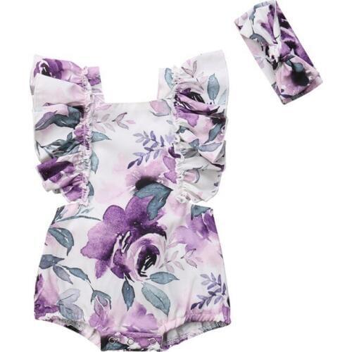 Baby Bodysuit Girl Kids Clothes Cotton Princess Floral Bodysuit Sunsuit Clothing Party Baby Clothes Jumpsuit+Headband