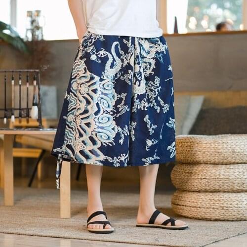 2021 Chinese Style Men Pants Printed Hemp Loose Male Kimono Trousers Wide Leg Casual Pants For Man MenS Harem Pants 31123