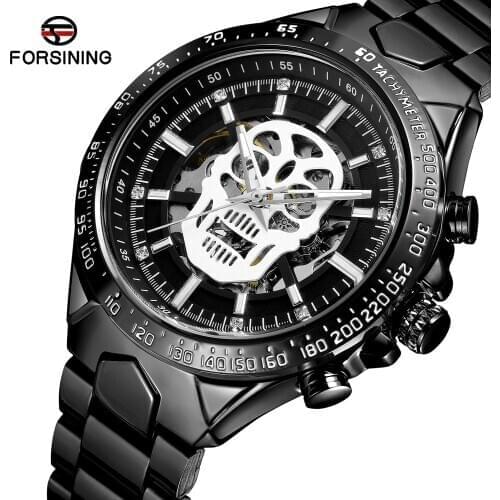 2019 Fashion Forsining Brand Steampunk Skull Auto Mechanical Clock Men Full Stainless Steel Gold Skeleton Dial Cool Design Watch