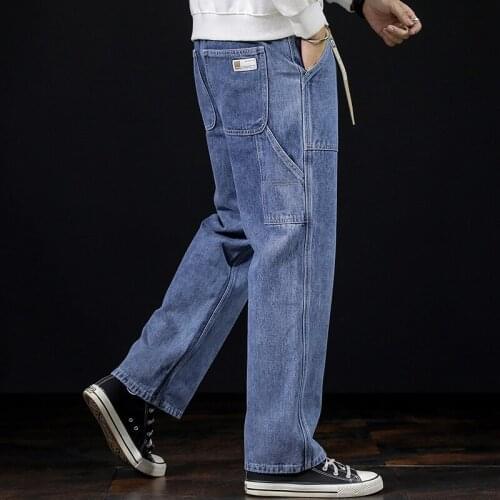 Spring Autumn Multi-pocket Sale Mens Work Clothes Denim Pants Mens Straight Tube Loose Versatile Drop Feeling Wide Leg Jeans