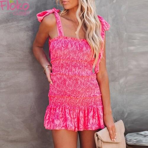 Flokoclsoet Sexy Spaghetti Straps Ruffles Mini Dress Casual Women Lace Up Elastic Strapless Beach Party Sundress