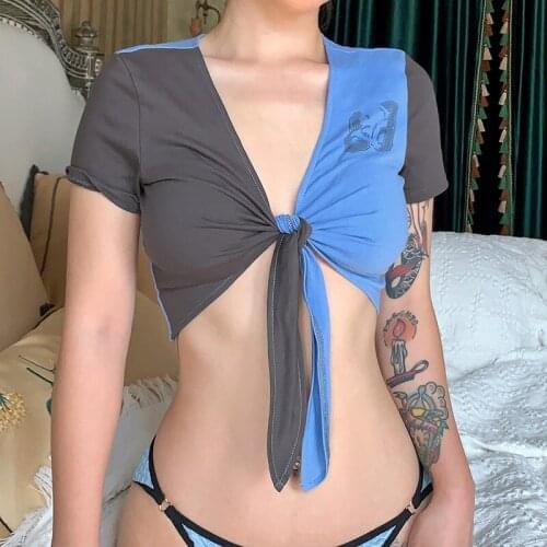 Patchwork T-Shirts Summer Sexy Short Sleeve V Neck Crop Top Lace Up Club Streetwear Women Letter Print Tee Shirt