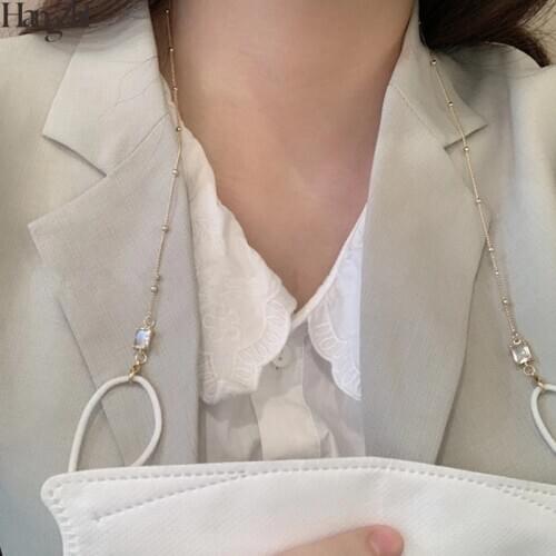 HangZhi 2020 New Korean Clear Crystal Transparent Square Glass Heart Pearl Necklace Mask Chains for Women Fashion Jewelry