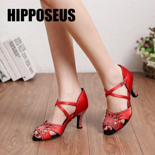 HIPPOSEUS Ballroom Girls Dance-Shoes Women Latin Dance Shoes Ladies Modern Tango Jazz Dancing Shoes Rhinestone Red Salsa Sandral