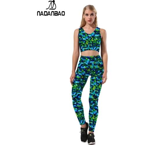 NADANBAO Fashion Sequins Skinny Sporting Sets Women Fitness Workout Leggings Casual Sleeveless Short Tops Suits Female Clothing