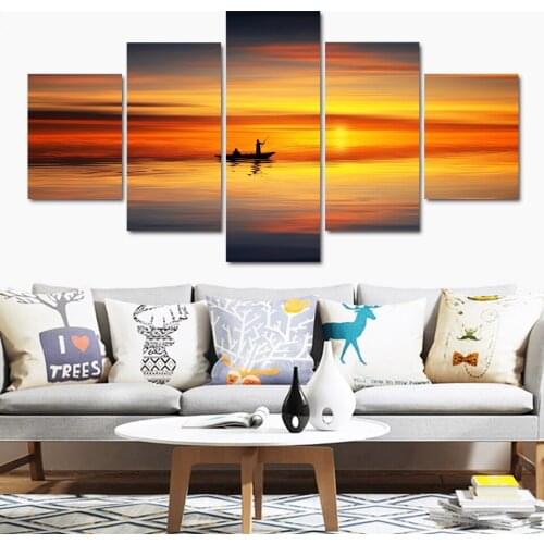 Modular Canvas HD Prints Posters Home Decor Wall Art Pictures 5 Pieces Sunset Fishing Boat Paintings No Frame