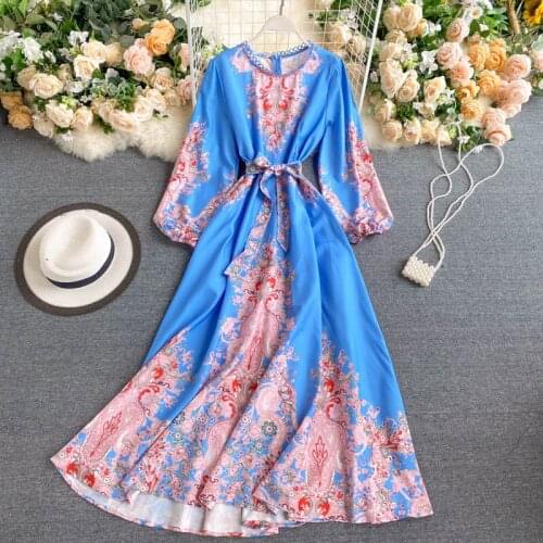 Autumn Women Dresses New Fashion European Palace Printed Court Long Puff-sleeve A-line Swing Long Dress Vestidos De Fiesta