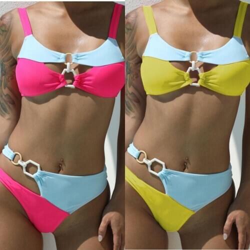Sexy Double Loop Splicing Patchwork Bikini Set Brazilian Fashion Push Up Swimwear Women Bathing Suit Holiday Biquinis Feminino