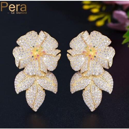 Pera Luxury Dubai Gold Large Flower Leaf Drop Cubic Zirconia Women Banquet Party Long Dangle Earrings Statement Ear Jewelry E767