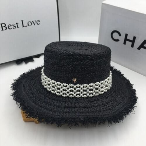 Summer new lafite grass flat wide brim straw hat fashionable sweet black beach hat pearl on vacation sunhats
