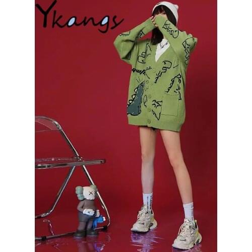 O-Neck Loose Dinosaur Print Knit Cardigan Women Y2k Harajuku Graffiti Hip Hop Sweater Baggy Korean Casual Harajuku Sweater Femme