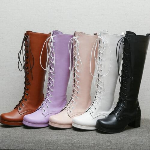 2021 Autumn Winter Women Knee High Boots PU Leather Platform Women Square Heel Boots Cross Tied Zipper Womans Boots Big Size 43