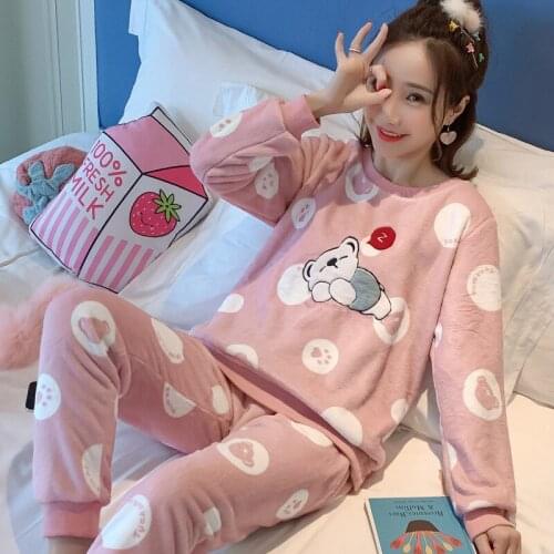 Womens Pajamas Set Autumn Winter Cartoon Sleepwear 2 Piece Clothes Pants Suit Lounge Home Wear Long Sleeve Nightwear Pyjamas