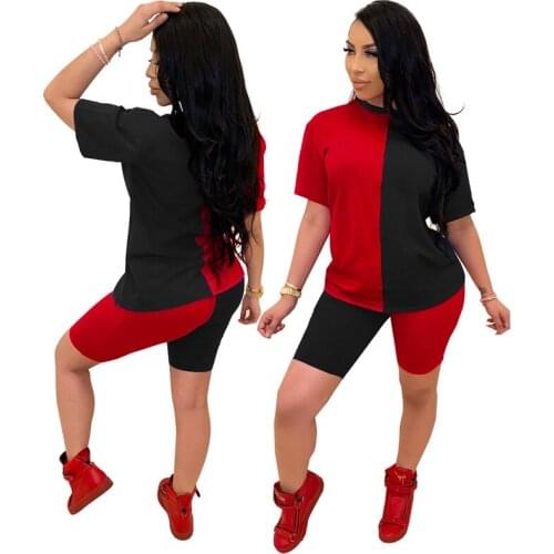 Summer Womens Casual Patchwork Color Loose Clothes Sets Short Sleeve T-shirt Tee Tops +Shorts Outfits Fashion Clothing Sets