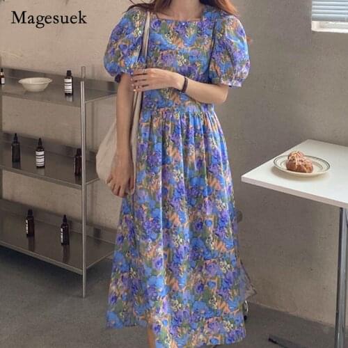 2021 Summer Dress Fashion Women Long Dress Floral Casual Loose Puff Sleeves Mid-Length Elegant Ladies Dresses Vestidos 14509