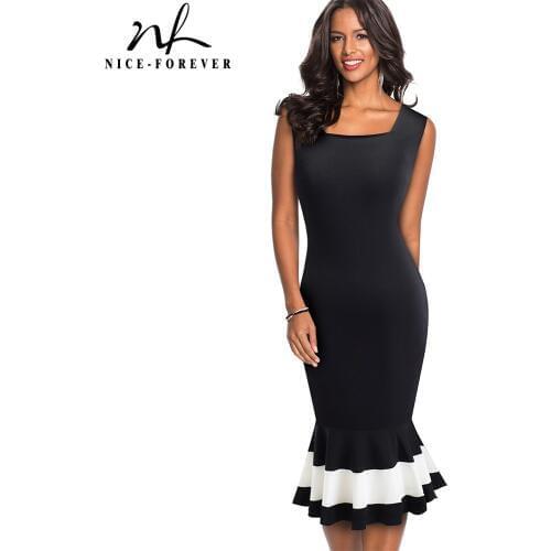 Nice-Forever Chic Contrast Color Patchwork Elegant Mermaid Dresses Cocktail Party Bodycon Sheath Women Summer Dress btyB221