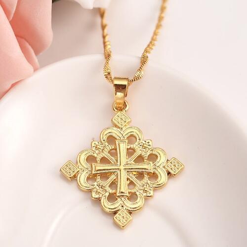 Gold Ethiopia cross pendant Necklace For Men/Women Lover Gift Copper Pendant & Chain Lucky JewelryAfrica girls charms